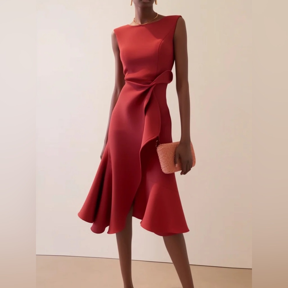 Fehaute Red Sleeveless Midi Elegant A-line Dress with Waist Twist
